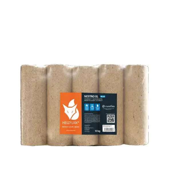 Heizfuxx Nestro XL Blau Holzbriketts – 960 kg Palette (96 × 10 kg) – Hartholzbriketts für Kaminöfen Heizfuxx