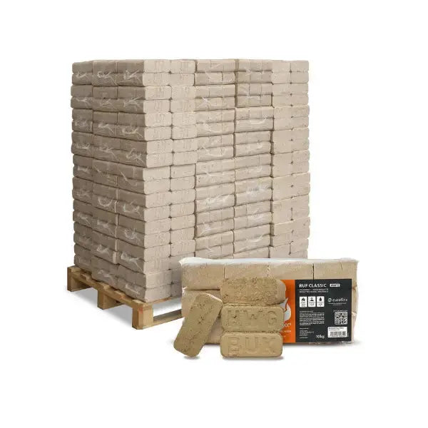 Heizfuxx RUF Classic White Holzbriketts – 960 kg Palette (96 × 10 kg) – Hartholzbriketts für Kaminöfen Heizfuxx RUF