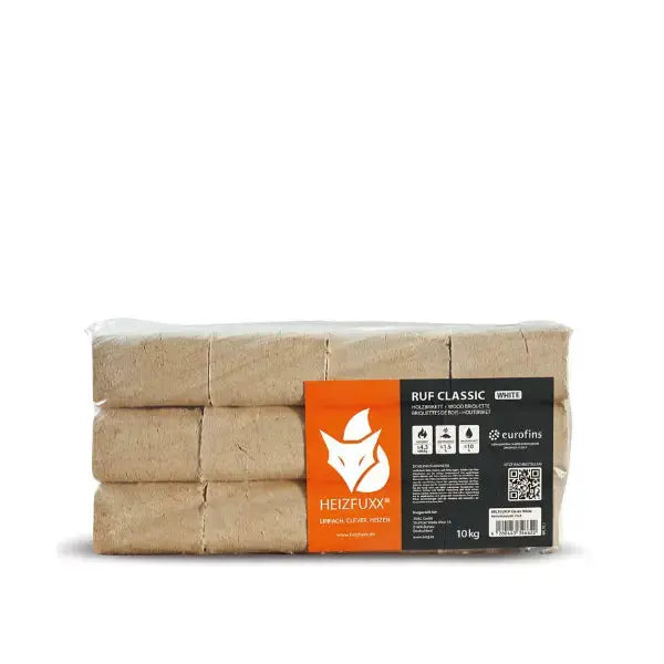 Heizfuxx RUF Classic White Holzbriketts – 960 kg Palette (96 × 10 kg) – Hartholzbriketts für Kaminöfen Heizfuxx RUF