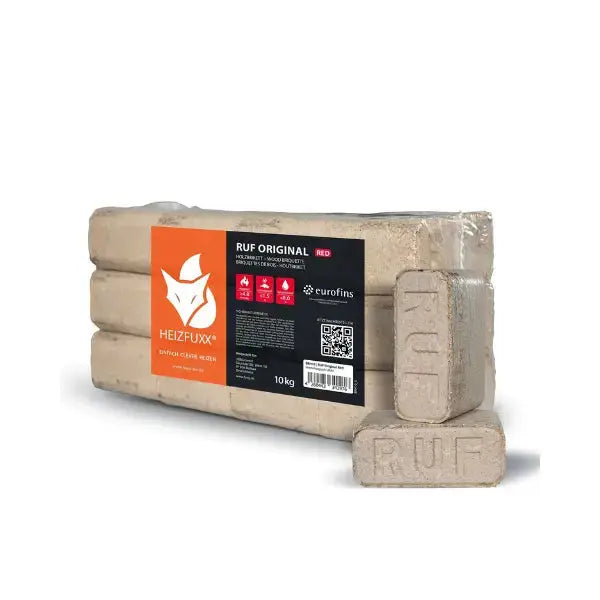 Heizfuxx RUF Original Red Holzbriketts – 960 kg Palette (96 × 10 kg) – Hartholzbriketts in RUF-Form für Kaminöfen Heizfuxx RUF